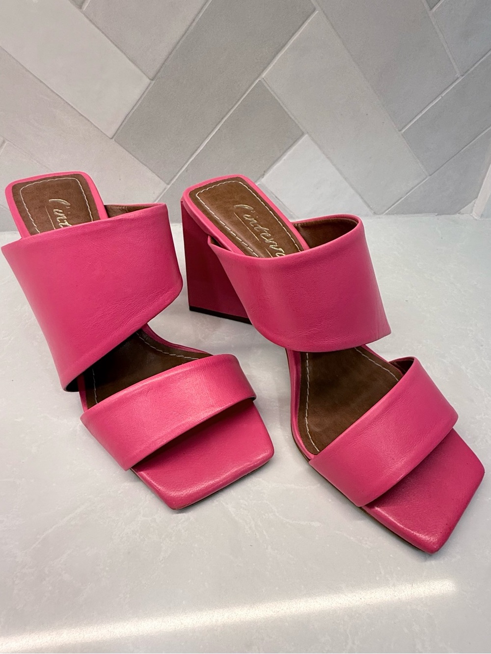 Fuschia Leather Double-Band Block Heel Sandals